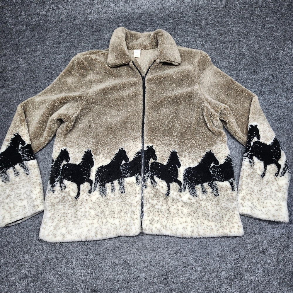 Womens Fleece Full Zip Jacket Running Horses Western Ranch Barn Equestrian Large